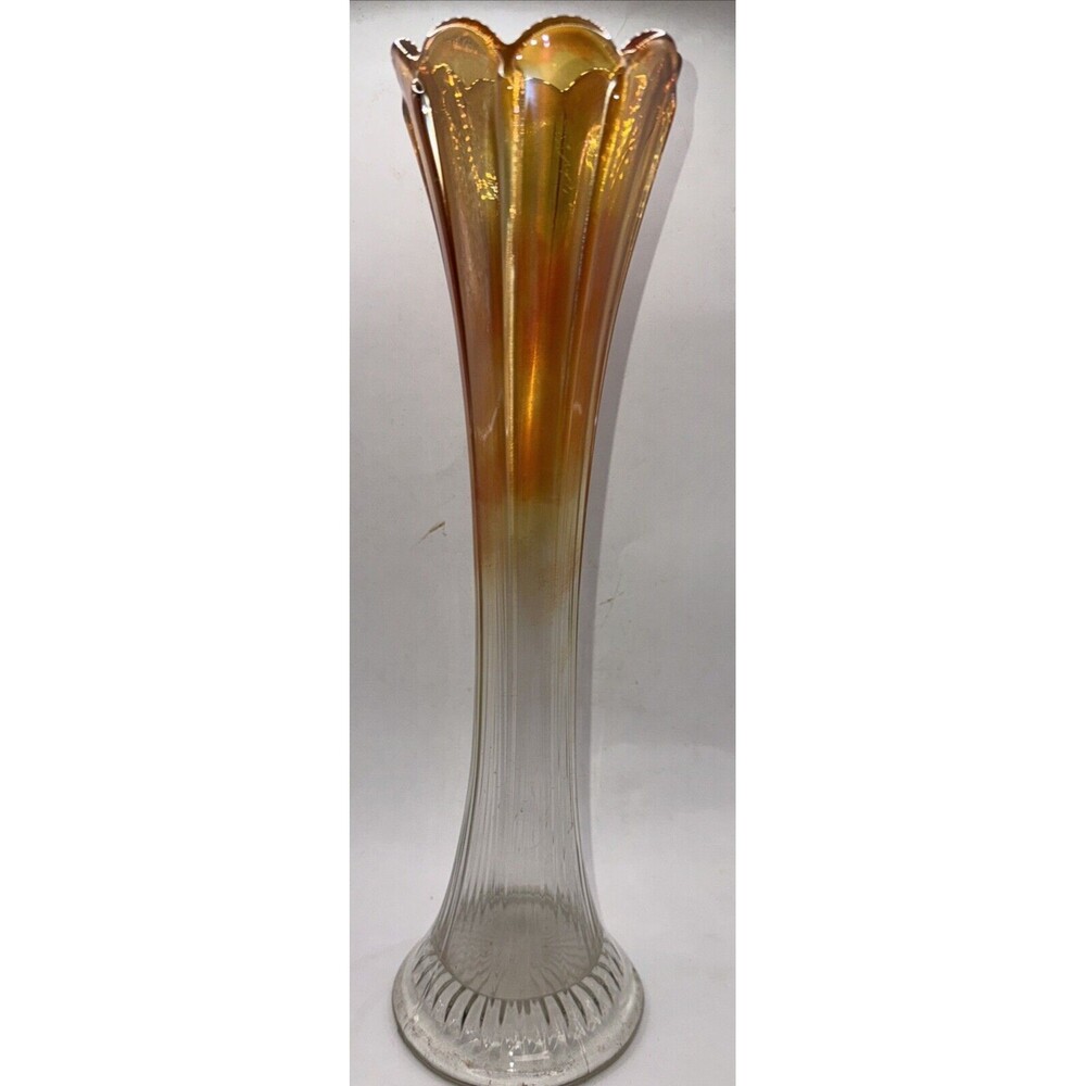 Swung Carnival Glass Imperial Marigold Iridescent Ribbed Vase MCM Vintage 13”